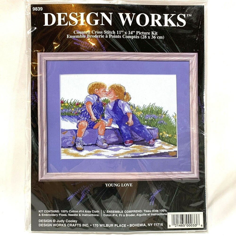 Design Works Counted Cross Stitch Kit Young Love Kids in Overalls 11 x 14 inches